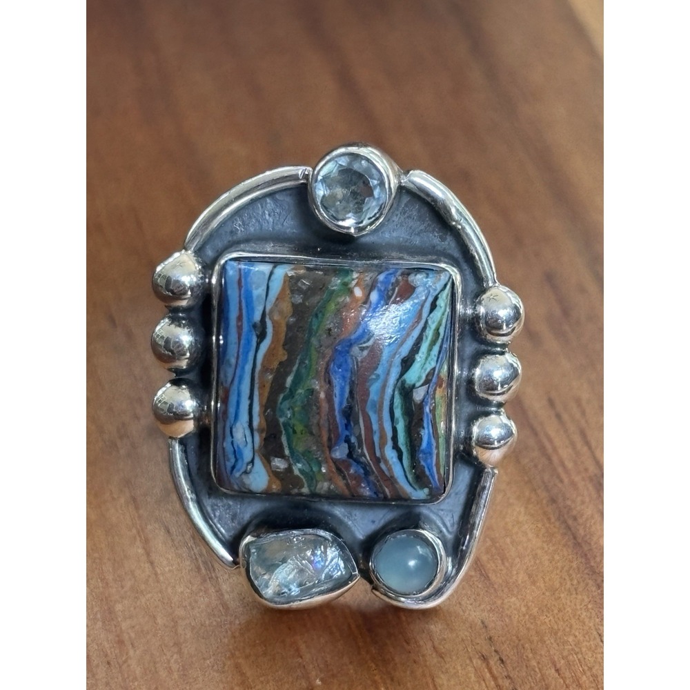 Sterling Silver Calsilica Ring With Blue Topaz And Moonstone Size 7